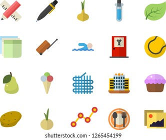 Color flat icon set measure flat vector, table setting, potato, onion, cupcake, ice cream, pear, tree leaf, fabric manufacture, scatter chart, sticker, pen, beakers, tennis ball, swimming, hotel