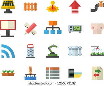 Color flat icon set measure flat vector, heating batteries, grater, sprinkling machine, seedlings, oil production platform, solar battery, main pipeline, laser, robotics, billboard, hierarchy, menu