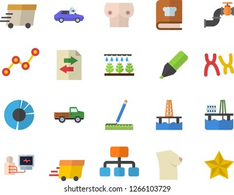 Color flat icon set measure flat vector, cookbook, pickup truck, sprinkling machine, oil production platform, main pipeline, autopilot, hierarchy, marker, scatter chart, express delivery, breast