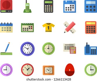 Color flat icon set measure flat vector, calculator, weighing machine, kitchen egg timer, clock, calendar, telephone, sport T shirt