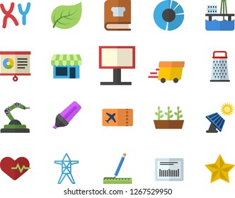 Color flat icon set measure flat vector, cookbook, grater, seedlings, oil production platform, solar battery, tree leaf, power line support, robotics, billboard, marker, express delivery, barcode