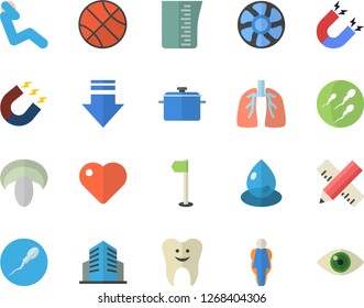 Color flat icon set measure flat vector, saucepan, meashuring cup, mushroom, ventilation, drop, magnet, heart, sperm, tooth, lungs, office building, basketball, sports flag, swing press, size, eye