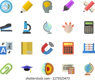 Color flat icon set measure flat vector, calculator, magnet, marker, notebook, abacus, pencil, stapler, microscope, globe, bachelor cap, brainstorm, Petri dish, brain fector, core of the earth, clip