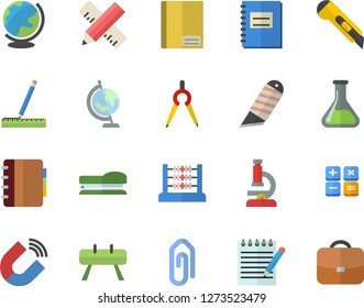 Color flat icon set measure flat vector, stationery knife, chemistry, magnet, dividers, calculator, notebook, abacus, stapler, microscope, notepad, globe, sports equipment horse, clip, briefcase