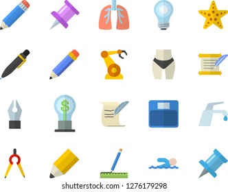 Color flat icon set measure flat vector, faucet, robotics, dividers, idea, lungs, drawing pin, ink pen, pencil, bulb, hostory roll, weighing machine, waistline, swimming, starfish fector
