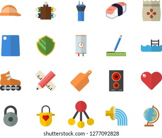 Color flat icon set measure flat vector, hard hat, boiler, apron, cutting board, induction cooker, sashimi, seeds, hose irrigation, hierarchy, meeting, weight, roller Skates, pool, security, heart