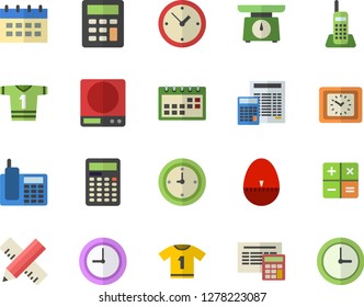 Color flat icon set measure flat vector, calculator, weighing machine, kitchen egg timer, clock, calendar, telephone, sport T shirt