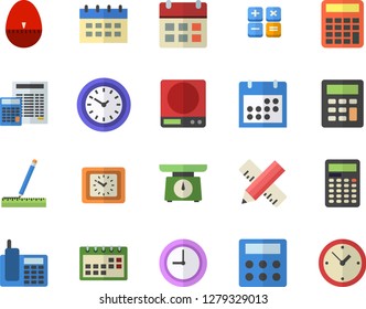 Color flat icon set measure flat vector, calculator, weighing machine, kitchen egg timer, clock, calendar, telephone