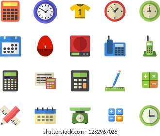 Color flat icon set measure flat vector, calculator, weighing machine, kitchen egg timer, clock, calendar, telephone, sport T shirt