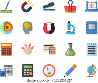 Color flat icon set measure flat vector, calculator, chemistry, magnet, microscope, notebook, abacus, stapler, notepad, pencil, brainstorm, Petri dish, brain fector, core of the earth, binder clip