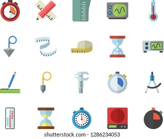 Color flat icon set measure flat vector, construction plummet, weighing machine, meashuring cup, thermometer, dividers, trammel, oscilloscope, centimeter, stopwatch, hourglass