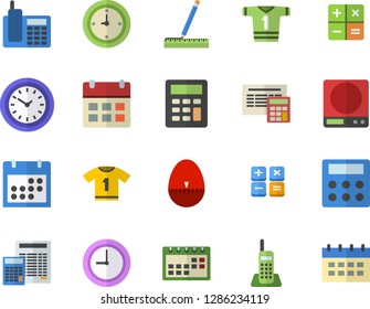 Color flat icon set measure flat vector, calculator, weighing machine, kitchen egg timer, clock, calendar, telephone, sport T shirt