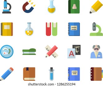 Color flat icon set measure flat vector, chemistry, magnet, microscope, medical analysis, notebook, pencil, book, stapler, textbook, scientist, beakers, Petri dish, translate
