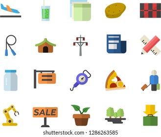 Color flat icon set measure flat vector, tile, spring balance, glass jar, potato, pizza, soda, home plant, forest, power line support, signboard, news, sell out, sticker, industrial robot, tent, get