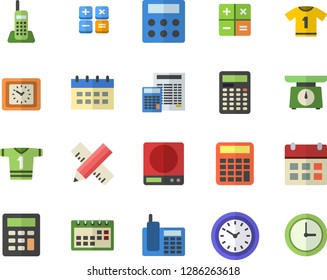 Color flat icon set measure flat vector, calculator, weighing machine, clock, calendar, telephone, sport T shirt