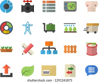 Color flat icon set measure flat vector, heating batteries, sprinkling machine, seedlings, main pipeline, tree leaf, power line support, hierarchy, express delivery, barcode, breast, clircle diagram