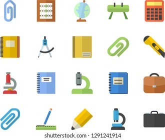 Color flat icon set measure flat vector, stationery knife, dividers, microscope, notebook, clip, abacus, pencil, globe, calculator, sports equipment horse, briefcase, case