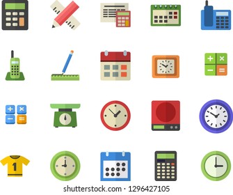Color flat icon set measure flat vector, calculator, weighing machine, clock, calendar, telephone, sport T shirt