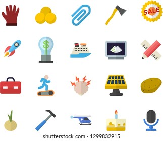Color flat icon set measure flat vector, ax, hammer, potato, cake, onion, gloves, solar battery, rocket, idea, sell out, briefcase, ultrasound, helicopter, clip, brainstorm, pills, Treadmill