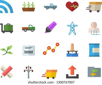 Color flat icon set measure flat vector, pickup truck, seedlings, oil production platform, tree leaf, power line support, marker, scatter chart, express delivery, barcode, diagnostics, heartbeat