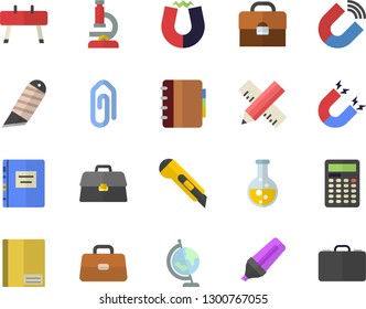 Color flat icon set measure flat vector, stationery knife, chemistry, magnet, marker, briefcase, notebook, microscope, globe, textbook, calculator, sports equipment horse, clip, case