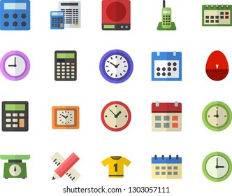 Color flat icon set measure flat vector, calculator, weighing machine, kitchen egg timer, clock, calendar, telephone, sport T shirt