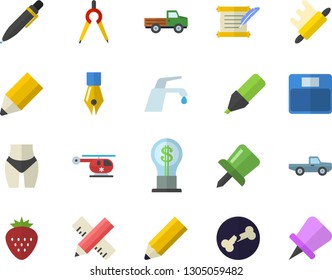 Color flat icon set measure flat vector, faucet, rolling pin, Strawberry, pickup truck, dividers, marker, idea, helicopter, bone fracture, drawing, ink pen, pencil, hostory roll, weighing machine