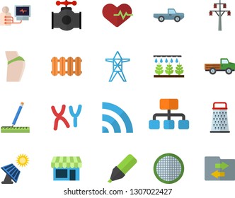Color flat icon set measure flat vector, heating batteries, sieve, grater, pickup truck, sprinkling machine, solar battery, main pipeline, power line support, hierarchy, marker, diagnostics