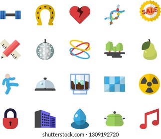 Color flat icon set measure flat vector, tile, saucepan, whiskey, pear, horseshoe, forest, radiation, drop, sell out, DNA, office building, dumbbell, gymnastics, hoop, disco ball vector, jingle