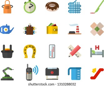 Color flat icon set measure flat vector, meashuring cup, apron, stopwatch, donut, thermometer, horseshoe, watering can, factory, fabric manufacture, robotics, metallurgy, purse, phone call, patch
