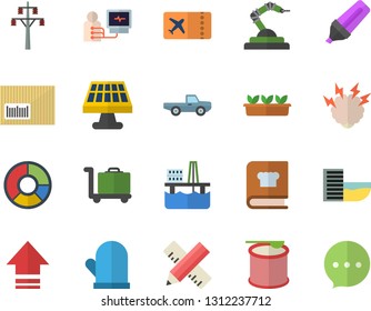Color flat icon set measure flat vector, potholder, cookbook, pickup truck, seedlings, oil production platform, solar battery, power line support, robotics, marker, barcode, diagnostics, brainstorm