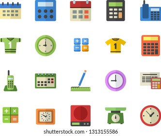 Color flat icon set measure flat vector, calculator, weighing machine, clock, calendar, telephone, sport T shirt