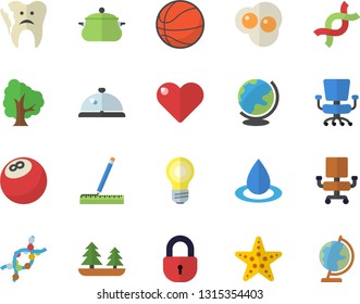 Color Flat Icon Set Measure Flat Vector, Saucepan, Scrambled Eggs, Tree, Forest, Drop, DNA, Broken Tooth, Office Chair, Bowling Ball, Basketball, Starfish Fector, Jingle, Lock, Heart, Lamp, Globe