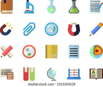 Color flat icon set measure flat vector, calculator, chemistry, magnet, microscope, notebook, clip, abacus, book, flask, notepad, pencil, globe, textbook, Petri dish, core of the earth fector