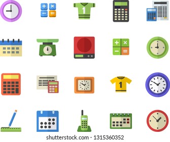 Color flat icon set measure flat vector, calculator, weighing machine, clock, calendar, telephone, sport T shirt