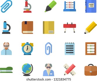 Color flat icon set measure flat vector, marker, notebook, clip, abacus, stapler, microscope, notepad, pencil, textbook, scientist, sports equipment horse, alarm clock, globe, briefcase