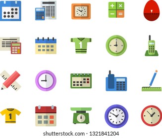 Color flat icon set measure flat vector, calculator, weighing machine, kitchen egg timer, clock, calendar, telephone, sport T shirt