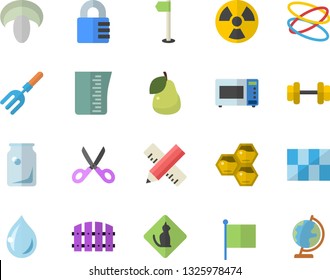 Color flat icon set measure flat vector, tile, meashuring cup, scissors, microwave, mushroom, pear, honeycomb, pitchfork, fence, radiation, glass bottles, flag, dumbbell, sports, hoop, lock, drop