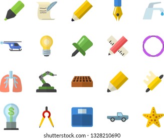 Color flat icon set measure flat vector, brick, faucet, rolling pin, pickup truck, robotics, dividers, marker, idea, helicopter, lungs, drawing, ink pen, pencil, bulb, hostory roll, weighing machine