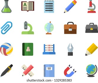 Color flat icon set measure flat vector, chemistry, microscope, briefcase, clip, abacus, ink pen, pencil, notepad, globe, magnet, notebook, volleyball, book