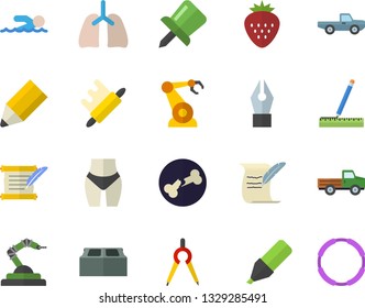 Color flat icon set measure flat vector, brick, rolling pin, Strawberry, pickup truck, robotics, dividers, marker, bone fracture, lungs, drawing, ink pen, pencil, hostory roll, waistline, swimming