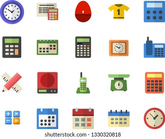 Color flat icon set measure flat vector, calculator, weighing machine, kitchen egg timer, clock, calendar, telephone, sport T shirt