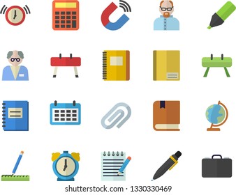 Color flat icon set measure flat vector, magnet, marker, calendar, notebook, clip, pen, notepad, textbook, scientist, calculator, sports equipment horse, alarm clock, globe, case