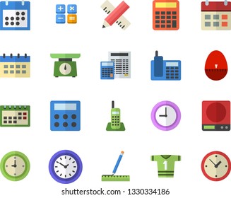 Color flat icon set measure flat vector, calculator, weighing machine, kitchen egg timer, clock, calendar, telephone, sport T shirt