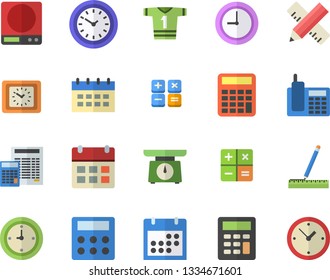 Color flat icon set measure flat vector, calculator, weighing machine, clock, calendar, telephone, sport T shirt