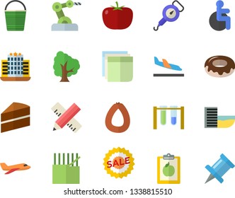 Color flat icon set measure flat vector, cake, spring balance, tomato, sausage, donut, tree, bucketful, fabric manufacture, sell out, disabled, sticker, beakers, industrial robot, diet, arrival