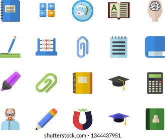 Color flat icon set measure flat vector, marker, calculator, notebook, abacus, book, notepad, pencil, bachelor cap, magnet, scientist, Petri dish, brain fector, clip