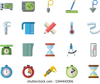 Color flat icon set measure flat vector, construction plummet, weighing machine, meashuring cup, stopwatch, thermometer, trammel, dividers, oscilloscope, centimeter, hourglass