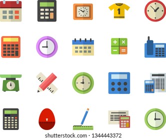 Color flat icon set measure flat vector, calculator, weighing machine, kitchen egg timer, clock, telephone, sport T shirt, calendar