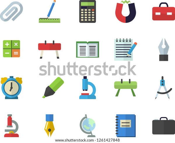 Color flat icon set measure flat vector, dividers,\
marker, calculator, microscope, briefcase, notebook, clip, ink pen,\
notepad, globe, magnet, sports equipment horse, alarm clock, book,\
case